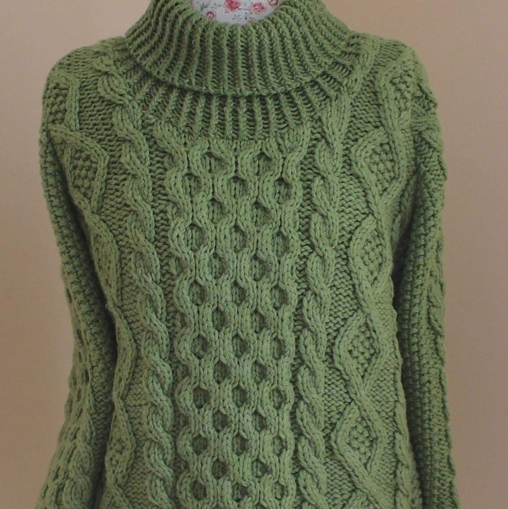Hand Knit olive green cable turtleneck sweater